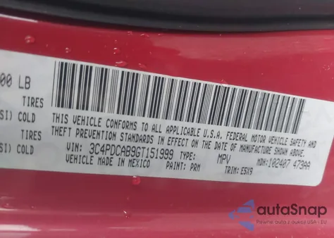 2016 Dodge Journey Se z USA, uszkodzony, nr VIN 3C4PDCAB9GT151999